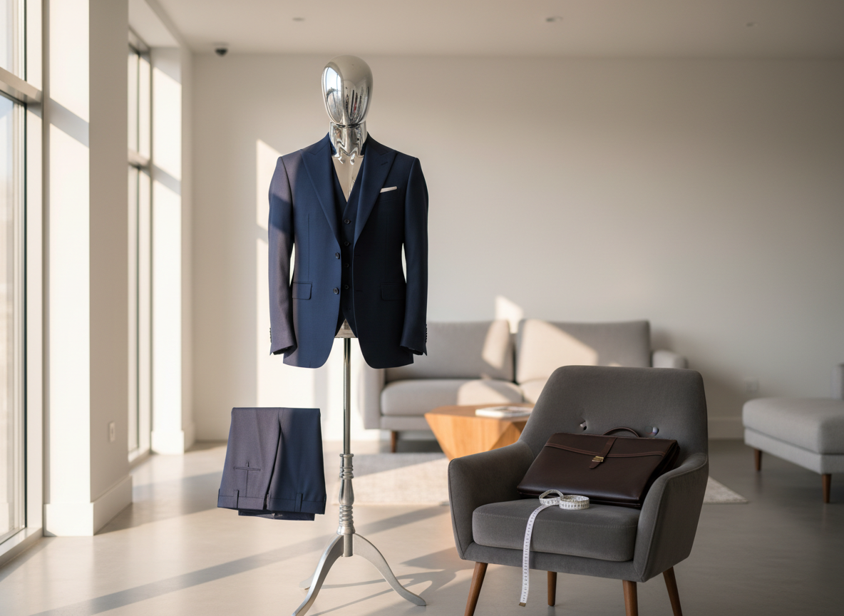 A meticulously tailored navy three-piece suit displayed on a refined, headless mannequin, the wool fabric showing a subtle sheen and crisp structure. The suit stands in the center of a minimalist living room, suggesting a private home consultation setting, with a sleek garment case and measuring tape neatly arranged on a nearby upholstered chair. Soft afternoon natural light filters through large windows, creating gentle highlights on the lapels and sharp, elegant shadows on the floor. Photographic realism at eye level, with a shallow depth of field that gently blurs the modern home interior, conveys a sophisticated, discreet, and bespoke tailoring experience brought directly to the client’s space.