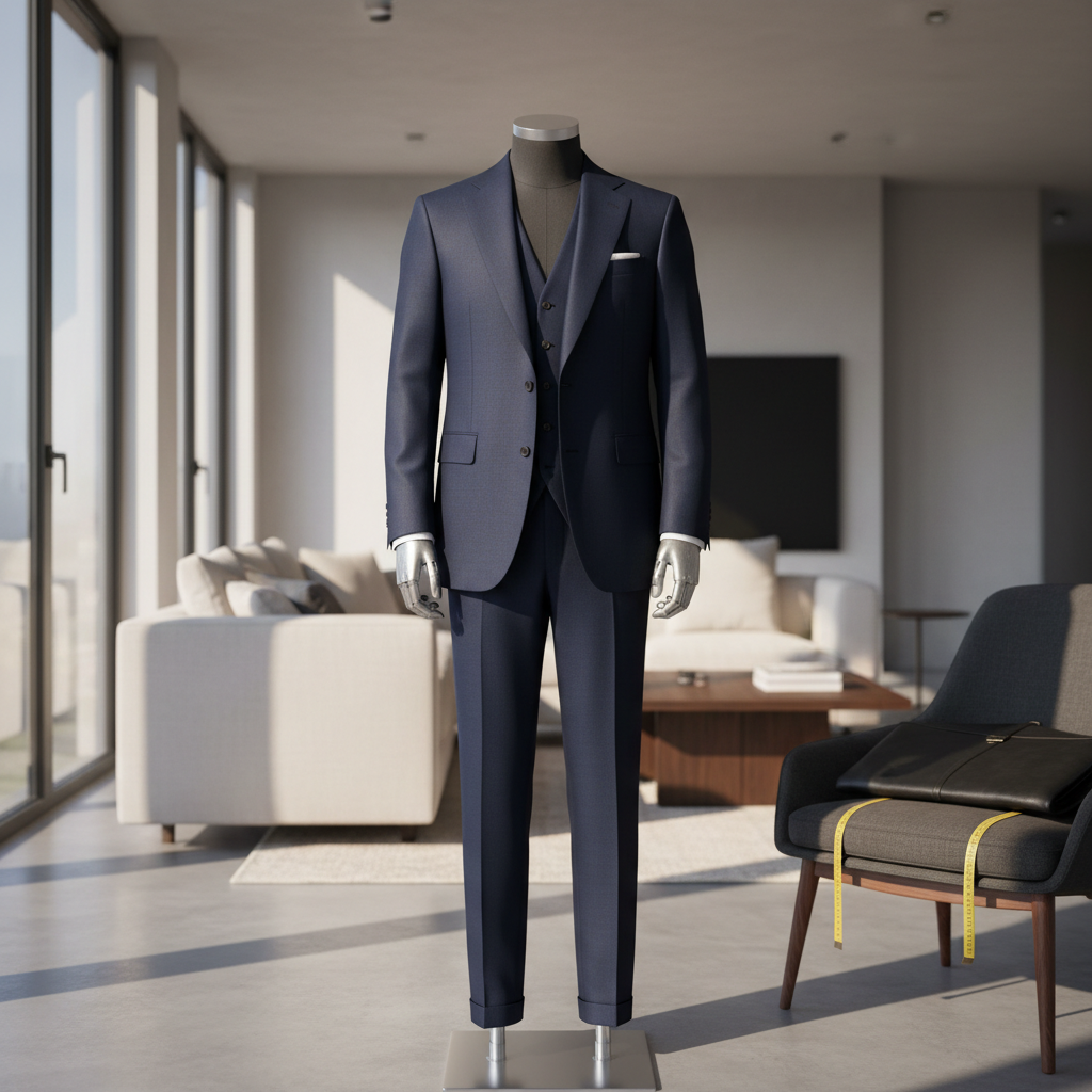 A meticulously tailored navy three-piece suit displayed on a refined, headless mannequin, the wool fabric showing a subtle sheen and crisp structure. The suit stands in the center of a minimalist living room, suggesting a private home consultation setting, with a sleek garment case and measuring tape neatly arranged on a nearby upholstered chair. Soft afternoon natural light filters through large windows, creating gentle highlights on the lapels and sharp, elegant shadows on the floor. Photographic realism at eye level, with a shallow depth of field that gently blurs the modern home interior, conveys a sophisticated, discreet, and bespoke tailoring experience brought directly to the client’s space.