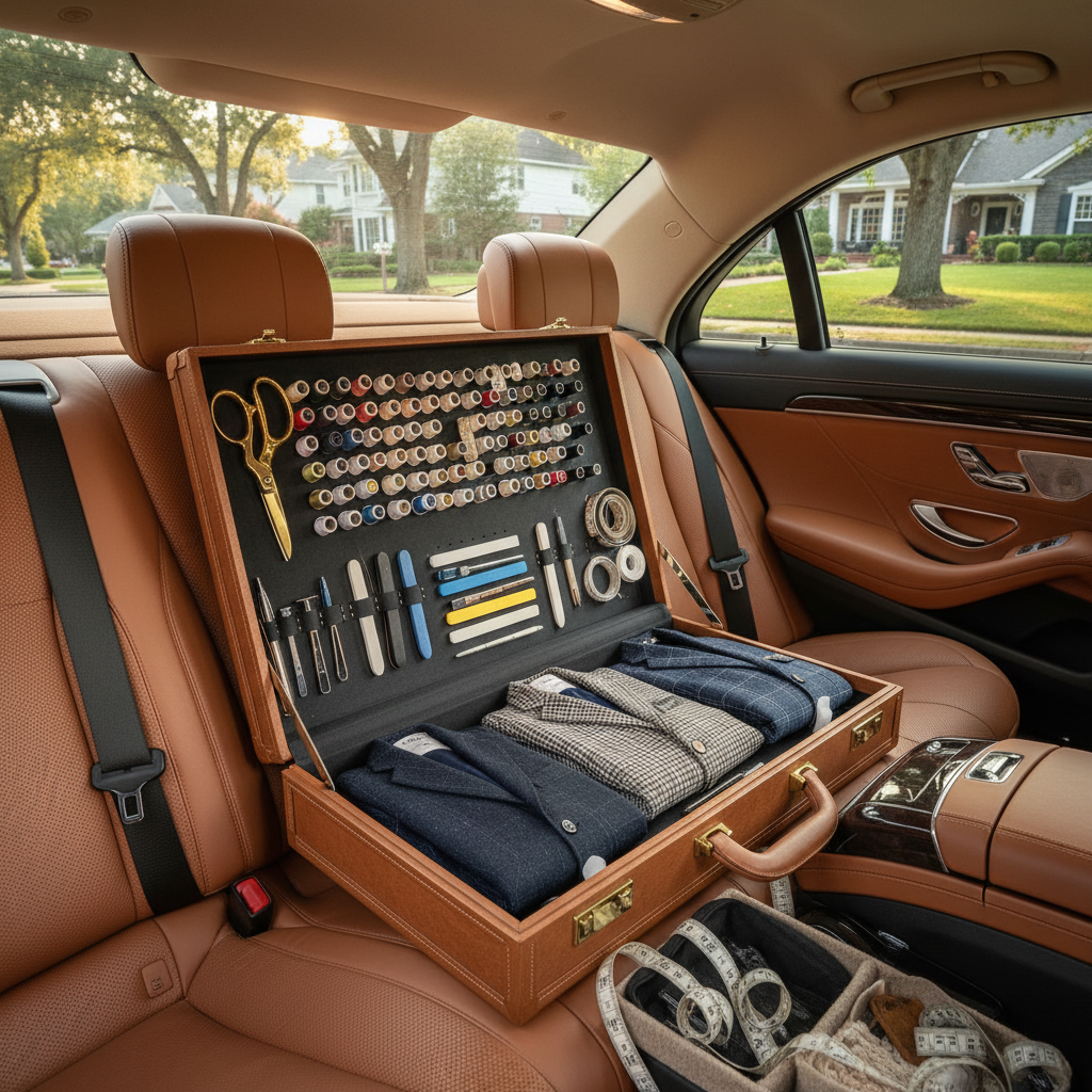 A beautifully organized mobile tailor’s kit laid open on the back seat of a luxury sedan, parked on a quiet, tree-lined residential street, suggesting travel within a clear service area. Inside the case, rows of neatly aligned thread spools, fine scissors, chalk, and measuring tools frame a small selection of folded sample jackets in subtle patterns. Late afternoon natural light filters through the car windows, illuminating the textures of wool, leather, and polished metal. Captured from a three-quarter overhead angle in photographic realism, the composition feels discreet yet luxurious, with a calm, professional atmosphere that underscores the convenience and sophistication of on-the-go custom tailoring.