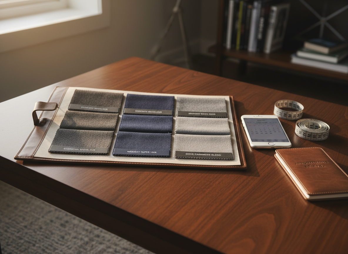 An open leather-bound swatch book resting on a smooth walnut coffee table in a tastefully decorated home office, filled with neatly labeled premium suiting fabrics in charcoal, midnight blue, and soft dove gray, each square showing distinct weave and texture. A sleek smartphone, stainless steel measuring tape, and slim appointment notebook lie beside it, subtly suggesting mobile consultation scheduling and a defined travel radius. Warm, diffused morning light enters from an unseen window, casting refined shadows and gentle highlights on the fabric textures. Captured from a slightly elevated angle in photographic realism, the scene feels calm, organized, and highly professional, emphasizing curated choices and manageable, exclusive availability.