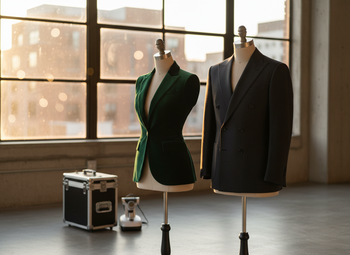 A precisely fitted emerald-green women’s blazer and a deep charcoal men’s suit jacket displayed on two adjacent torso forms, each shaped differently to hint at diverse body types without showing people. The garments stand in a bright, modern loft interior, with a mobile tailor’s rolling case and compact steamer in the background, ready for an on-location fitting. Golden hour sunlight streams through large windows, creating elegant rim lighting along the lapels and sleeve edges, with soft bokeh from the cityscape outside. Shot at an eye-level angle with balanced composition and photographic realism, the atmosphere is polished and inclusive, showcasing finished custom garments that flatter a range of silhouettes.