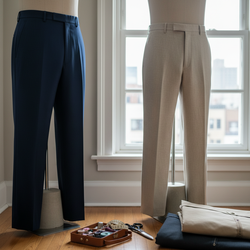 A close-up, waist-to-knee view of two custom-tailored trousers on minimalist lower-body dress forms: one in a rich midnight blue with a razor-sharp crease, the other in a soft sand-colored linen with a gentle drape, subtly implying different client styles and needs. They stand near a large townhouse window, with a compact tailor’s toolkit and folded suit bags placed neatly on the floor, reinforcing the at-home consultation service. Soft overcast daylight pours in, giving even, flattering illumination that reveals every stitch and seam. Photographic realism with a slightly low angle and shallow depth of field creates an intimate, sophisticated mood focused on fit perfection and craftsmanship detail.